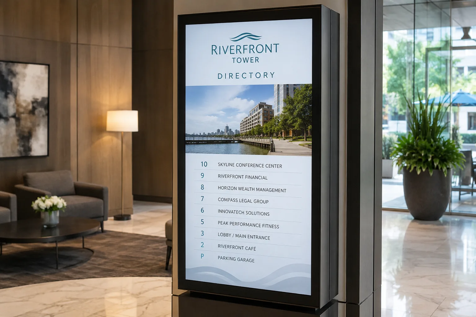 A portrait digital directory in an office building lobby, listing tenants by floor alongside the building name and a photo.