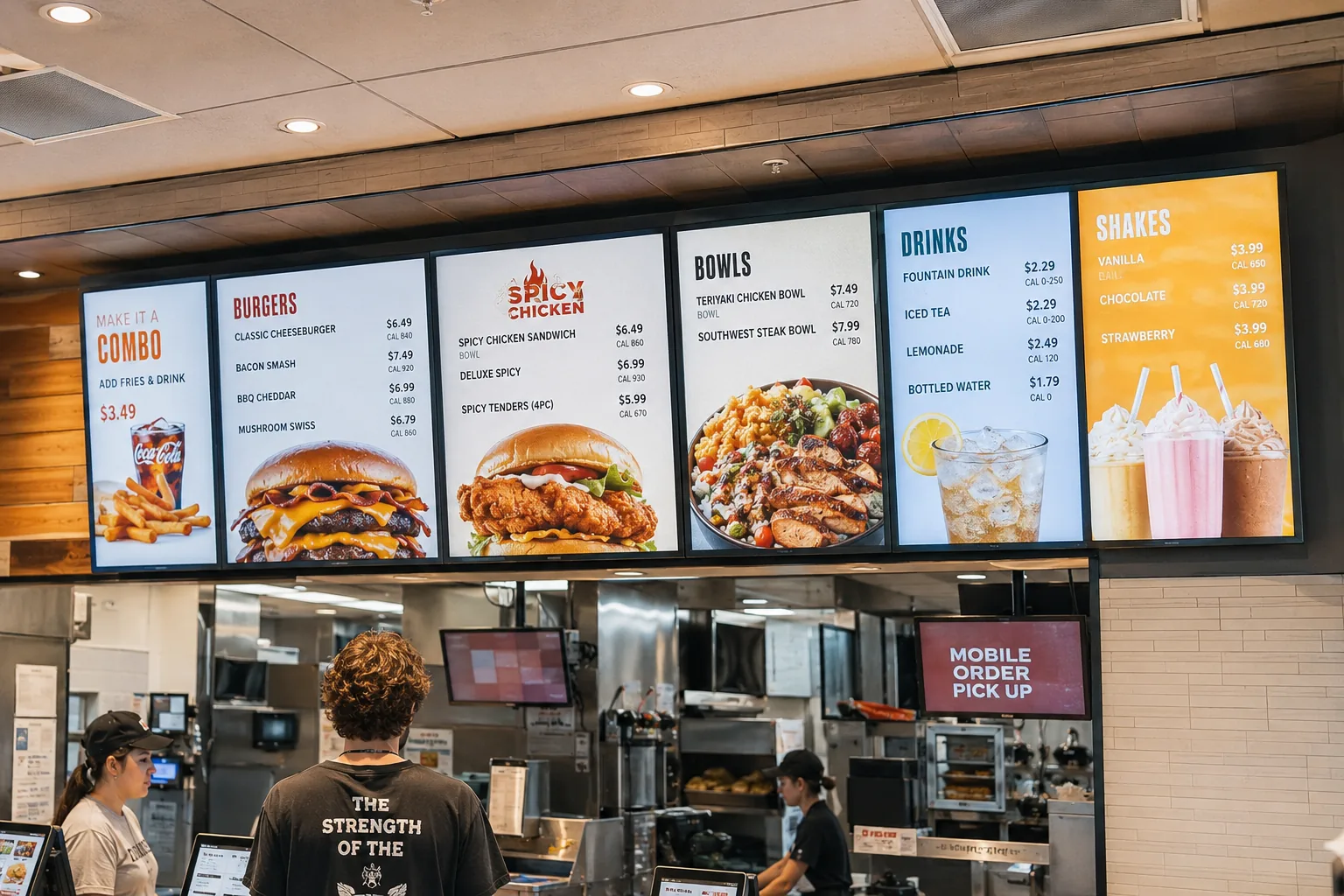 Digital menu boards mounted above a quick-service restaurant counter, displaying burgers, spicy chicken, bowls, drinks, and shakes with prices and calorie counts.