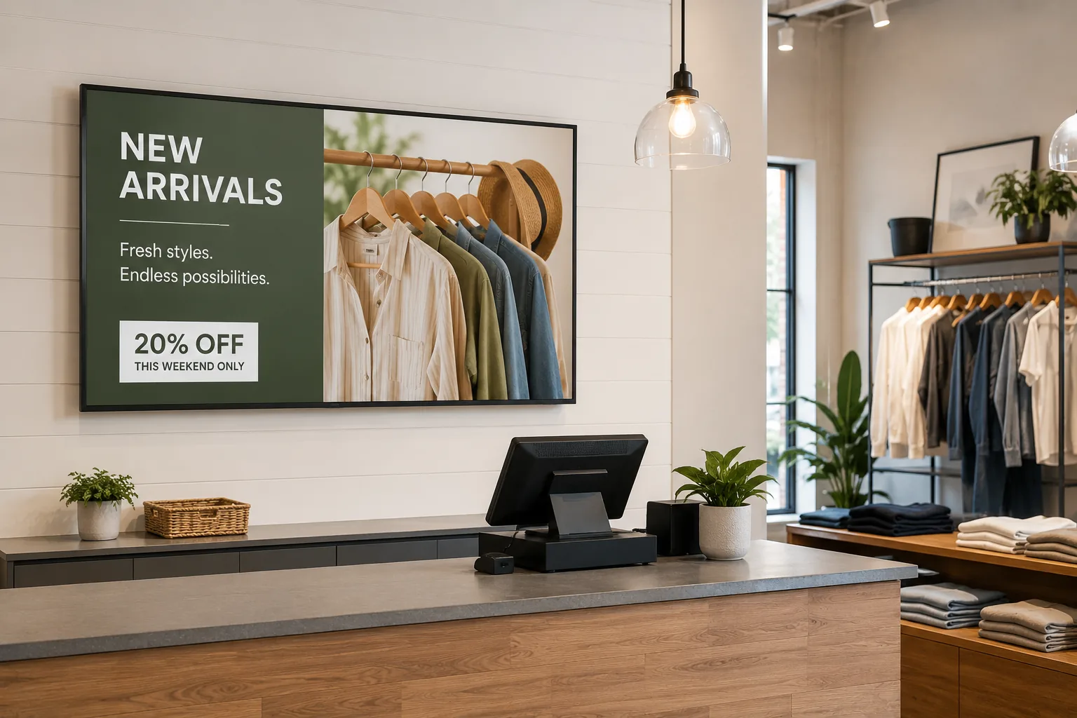 A retail store counter with a wall-mounted screen promoting new arrivals and a weekend discount.