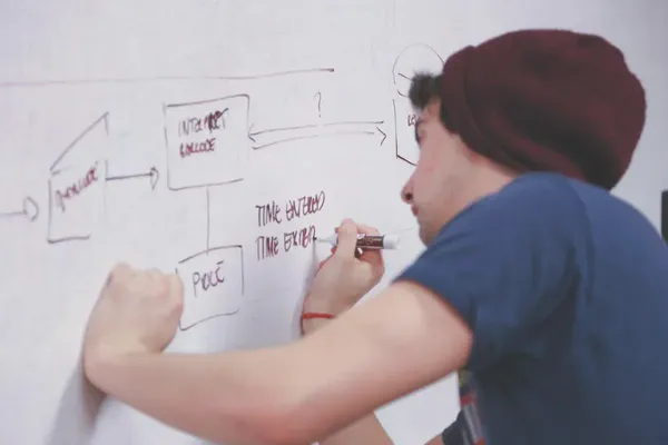 A developer using a whiteboard to describe a digital signage API use case.