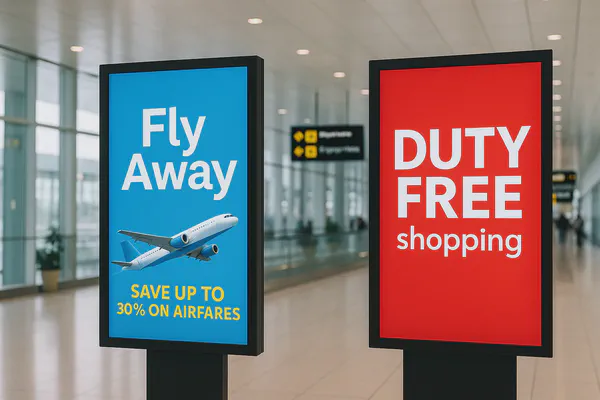 A row of digital signs running on digital signage devices in a modern clothing store displaying promotions.