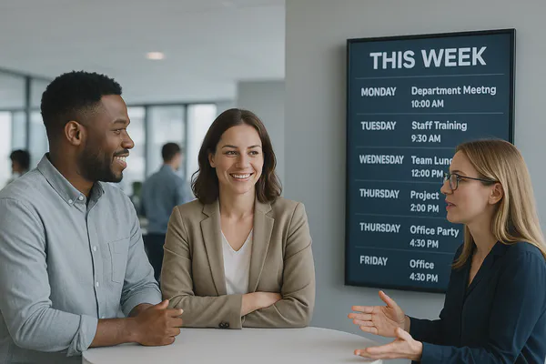 A digital sign for internal communications in a friendly office environment breakroom.