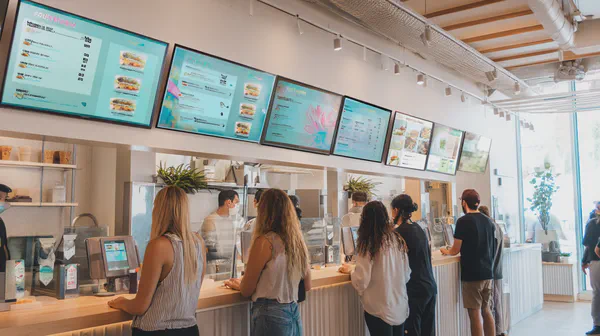 People ordering Thai food at a beaufitul fast casual restaurant with a network of digital signs at the checkin counter.