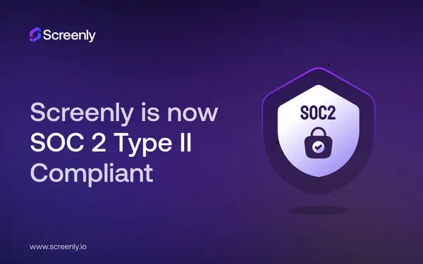 Screenly's SOC 2 Type II compliance badge on a purple background.