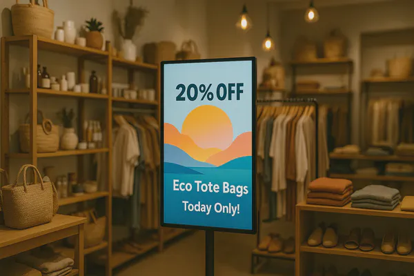 A digital sign in a warm eco-clothing store displaying a 20% off message that was crafted from great digital signage strategy from the retail store.
