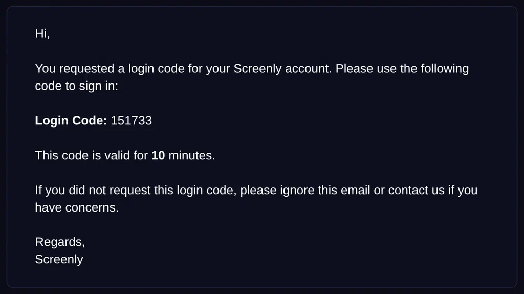 Email displaying a temporary one-time code required to complete sign-in.