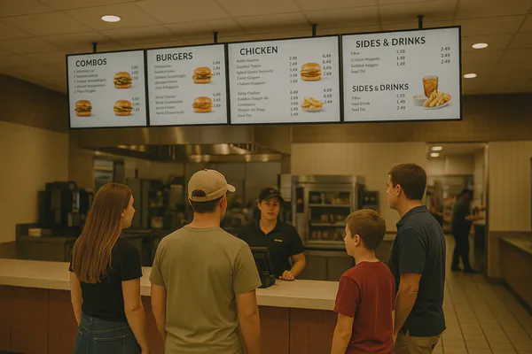 People ordering food at a QSR using QSR digital signage.