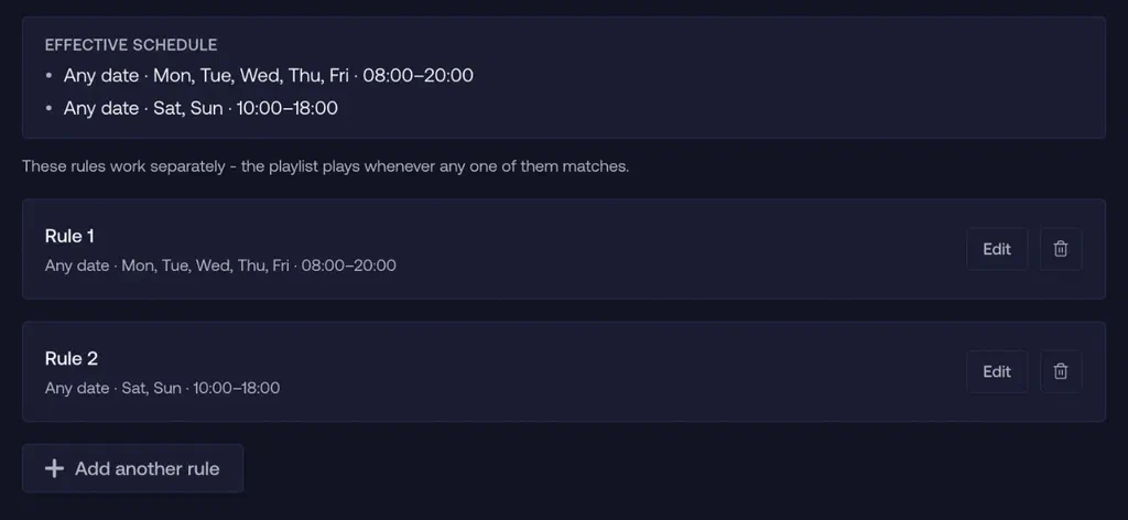 Effective schedule summary spelling out when the playlist plays