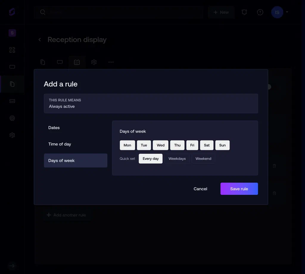 Rule editor dialog with Dates, Time of day and Days of week sections