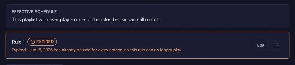 A scheduling rule marked Expired, with the effective schedule showing the playlist will no longer play