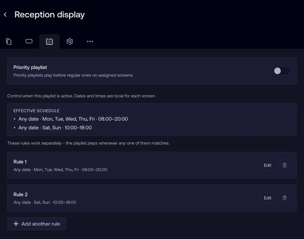 Schedule tab showing two scheduling rules and the effective schedule summary