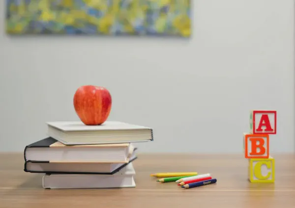 Books and pencils on a desk at a school for the blind.