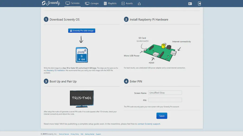 This is the Screenly web inteface page for adding a new digital signage screen.