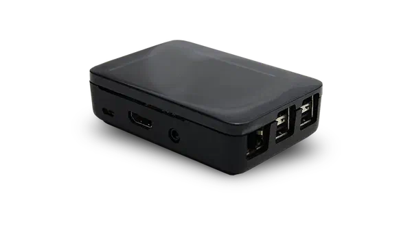 A Raspberry Pi digital signage player in a black case.