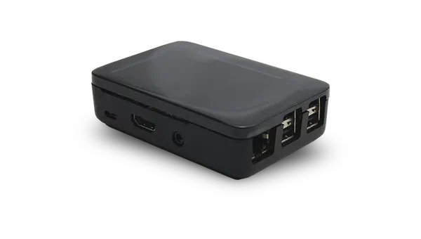 A Raspberry Pi digital signage player in a black case.