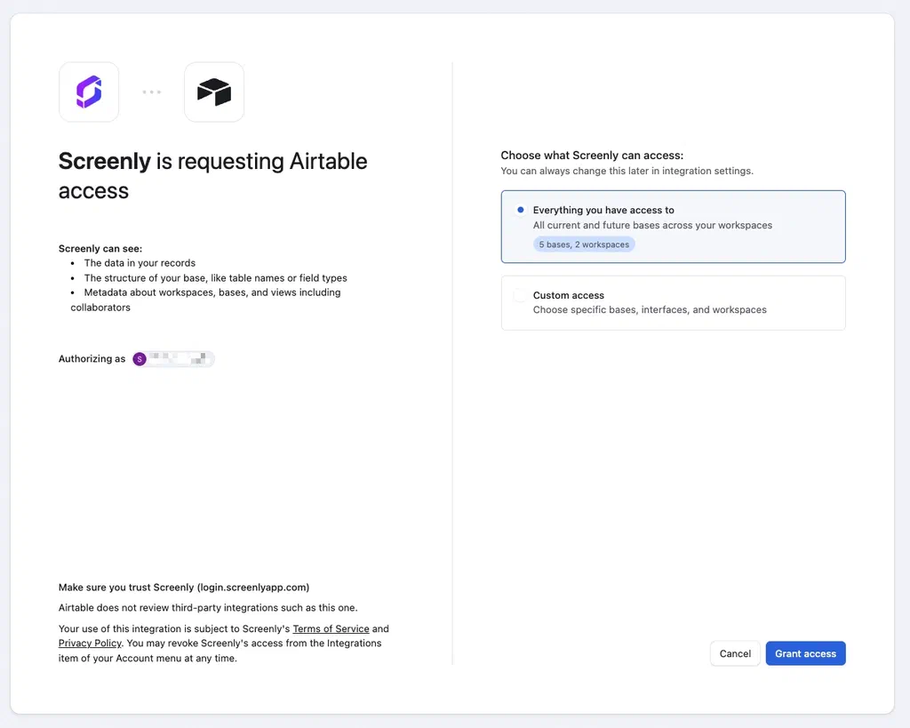 Airtable integration settings