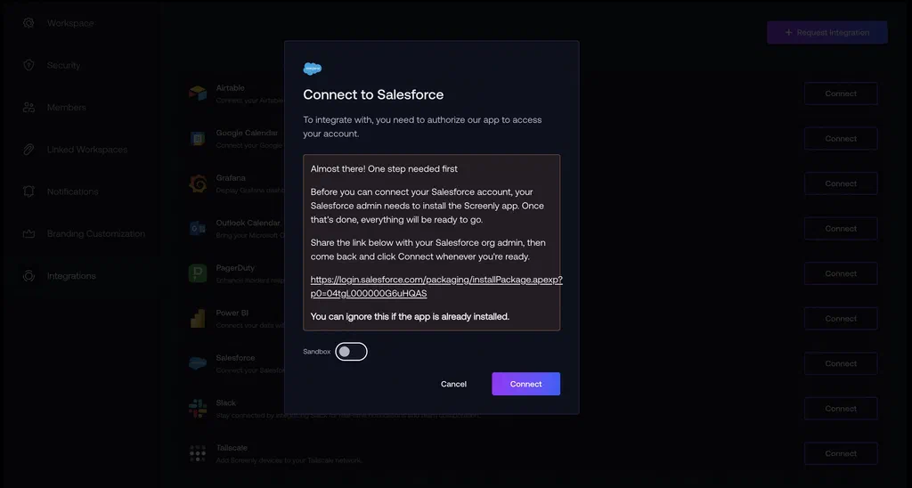 Screenly app install on salesforce check box