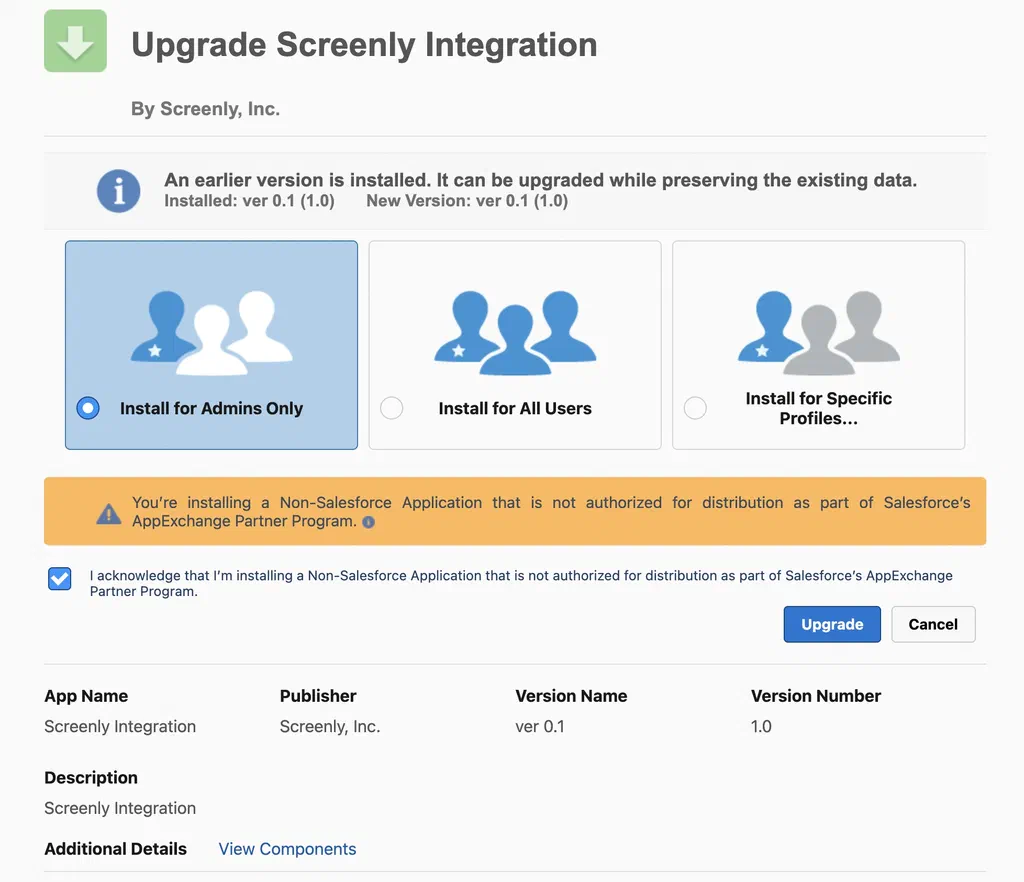 Screenly app install on salesforce
