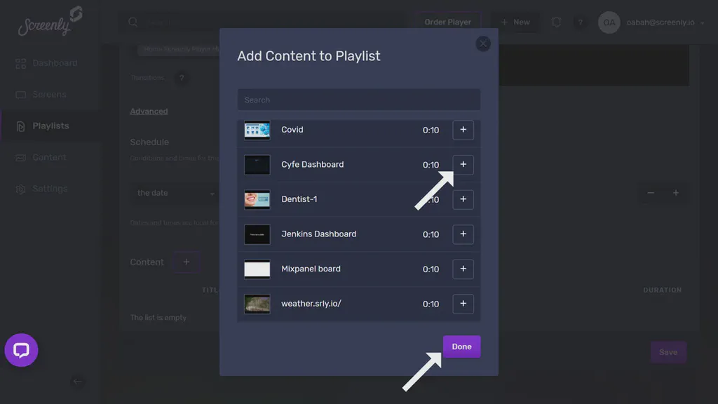 The popup modal to add the Cyfe dashboard content to a playlist