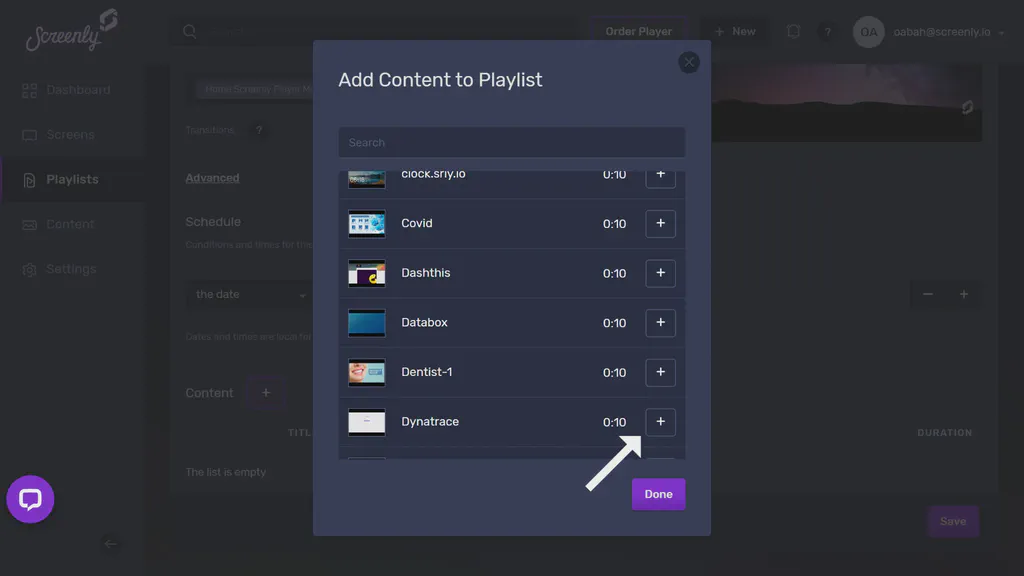The popup modal to add the Dynatrace dashboard content to a playlist