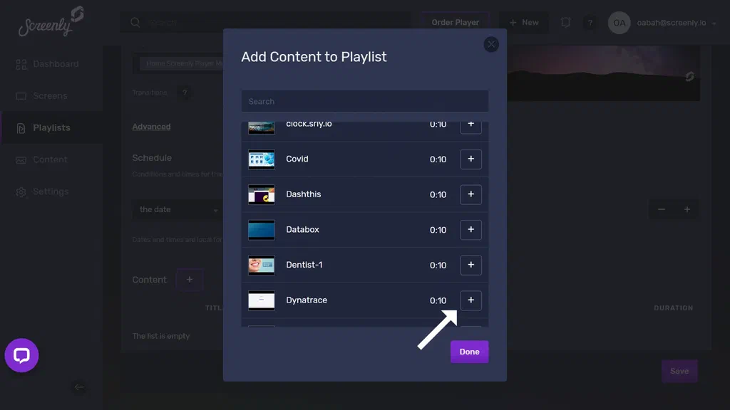 The popup modal to add the Dynatrace dashboard content to a playlist
