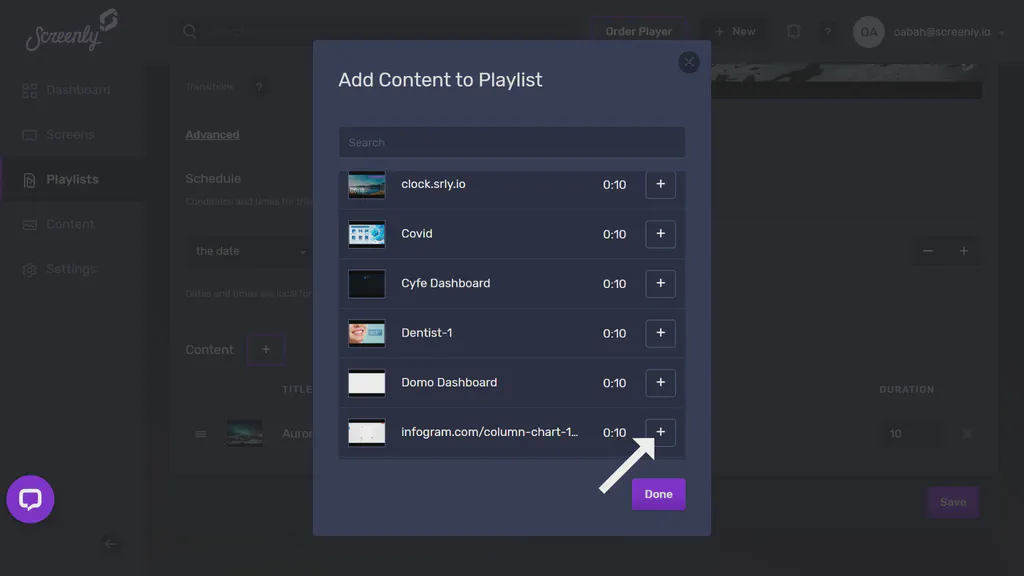 The popup modal to add the Infogram dashboard content to a playlist