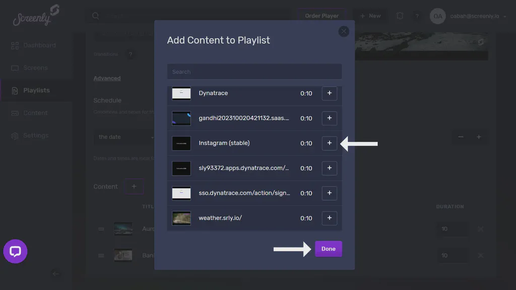 The popup modal to add the Instagram content to a playlist