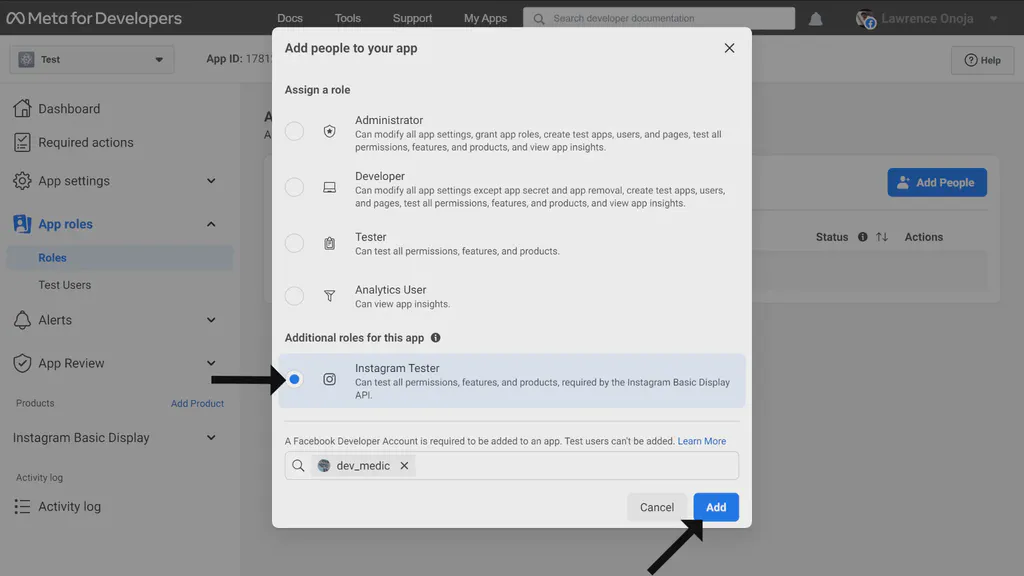 Pop-up modal to add instagram user as tester