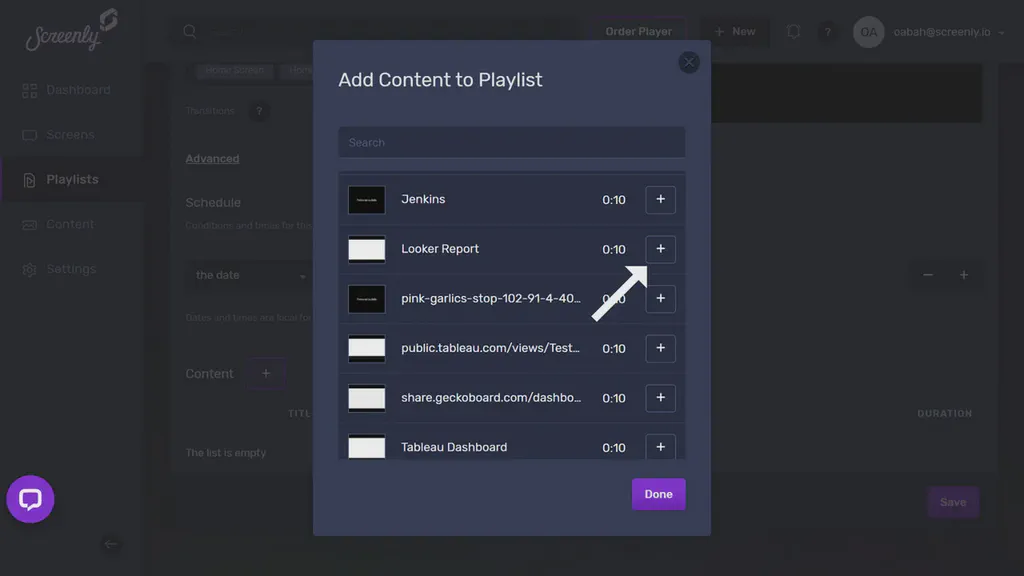 The popup modal to add the Looker dashboard content to a playlist