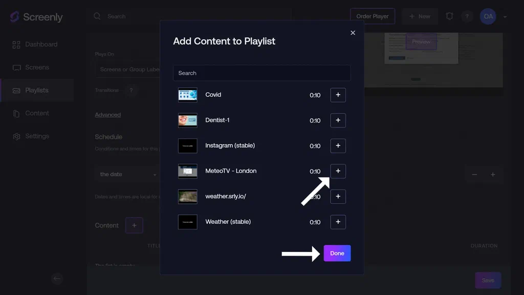The popup modal to add the MeteoTV content to a playlist