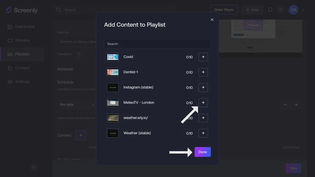 The popup modal to add the MeteoTV content to a playlist