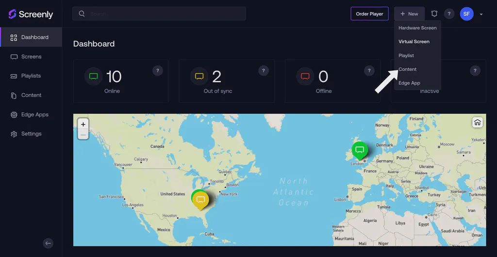 The + New Content button on the Screenly home page