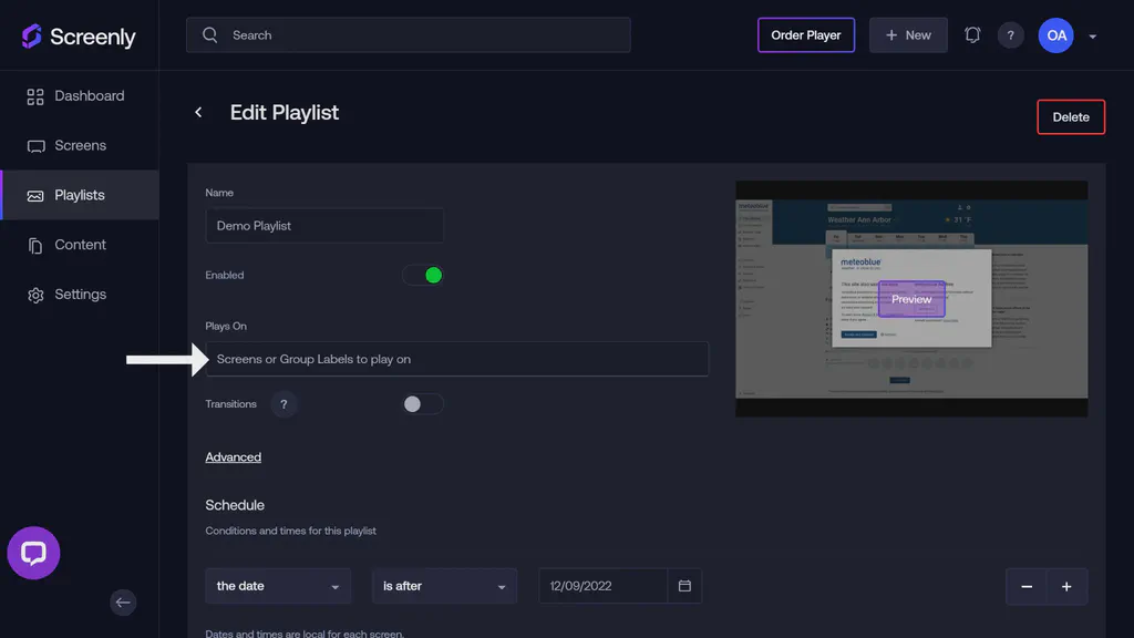 The Edit Playlist page