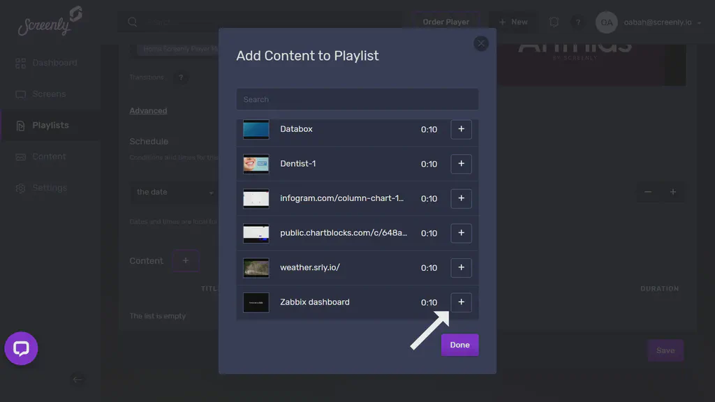 The popup modal to add the Zabbix dashboard content to a playlist