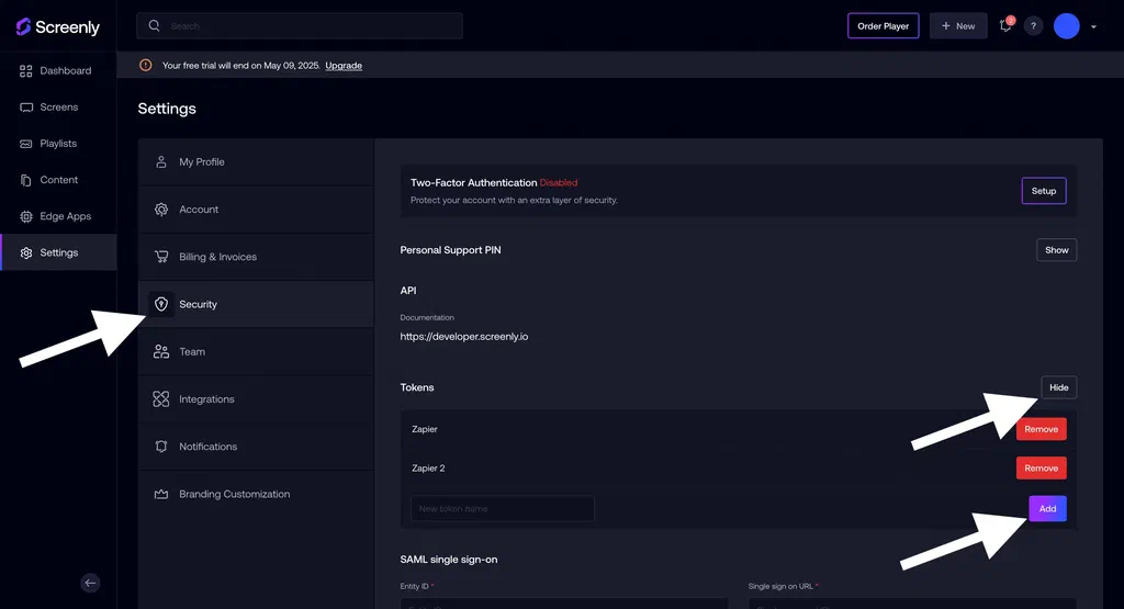 Setting up Screenly token authentication.