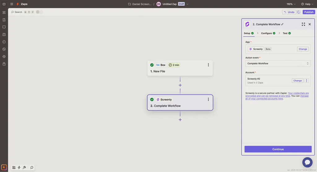 Setting up the Screenly and Zapier action fields.