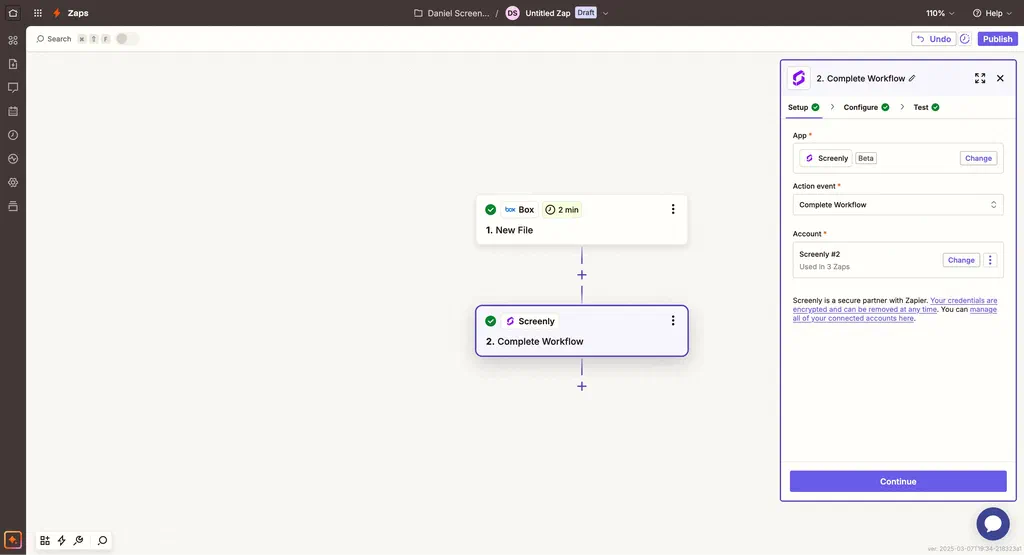 Setting up the Screenly and Zapier action fields.