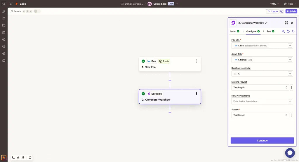 Setting up the Zapier action configuration section.