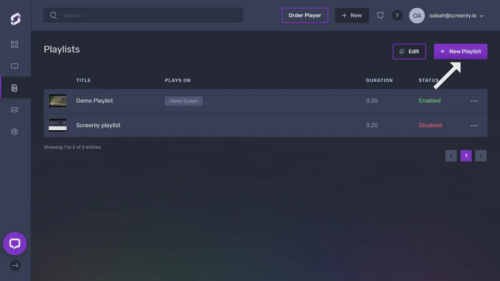 The Playlists page showing lists of playlists and New Playlist button