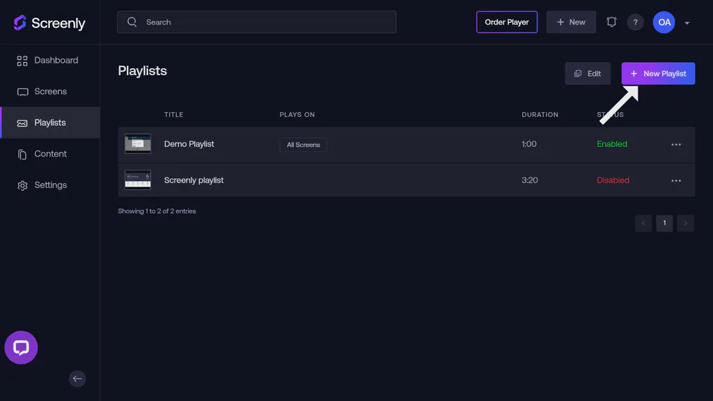 The Playlists page showing lists of playlists and New Playlist button