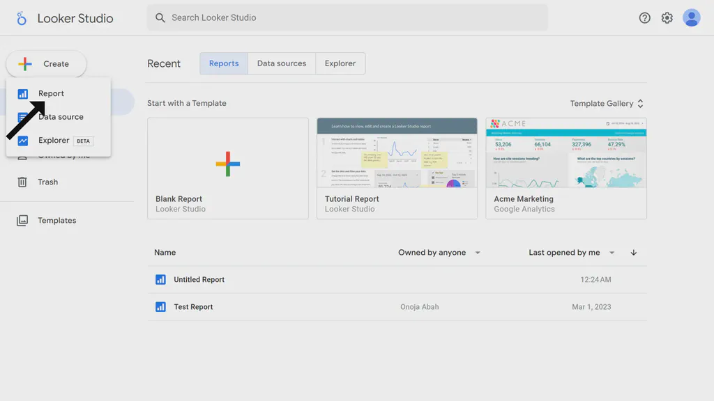 An image showing looker page with left-side menu and button to create report