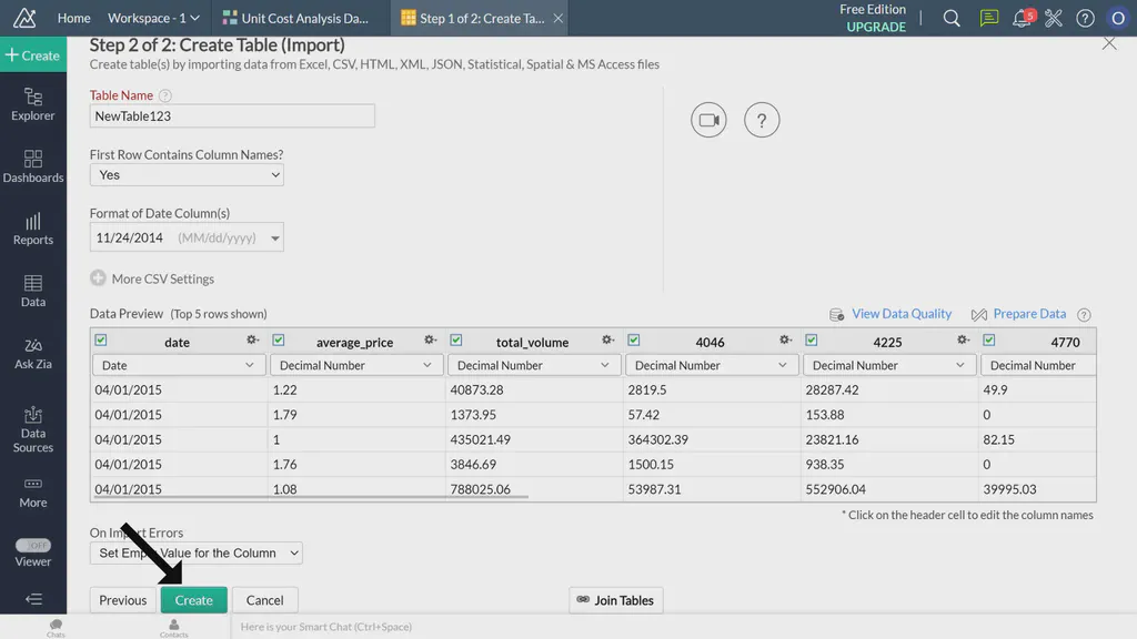An image showing a Zoho analytics page with form for csv file upload options and create button at the bottom