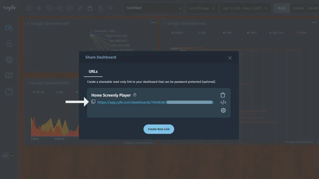 Pop-up modal in cyfe showing dashboard share URL