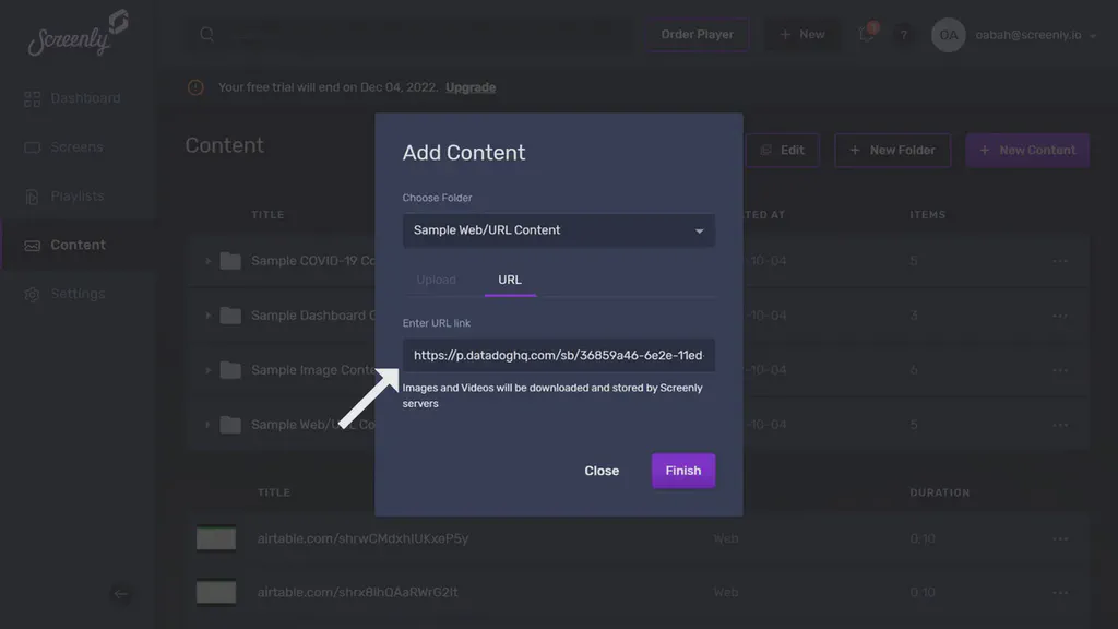 The popup modal to add the Datadog Dashboard URL as a new content item.