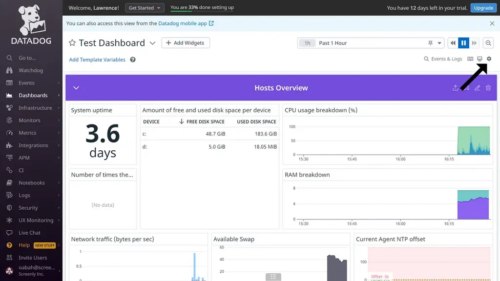 The Datadog website showing a dashboard with gear icon at the top right corner.