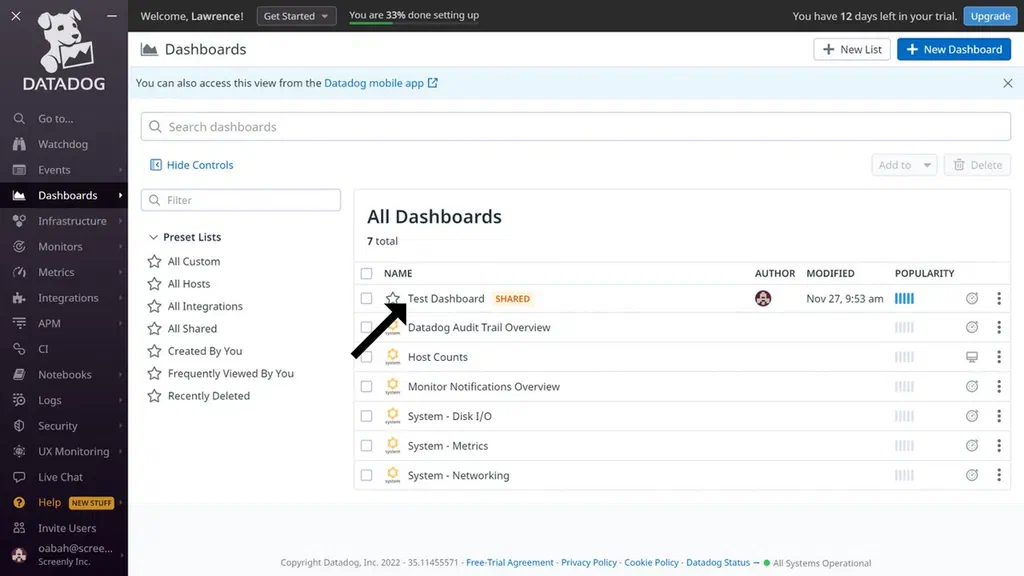 The Datadog website showing list of dashboards.