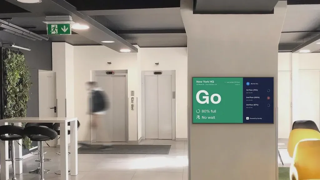 Density people counter data on a green background on a Screenly sign.