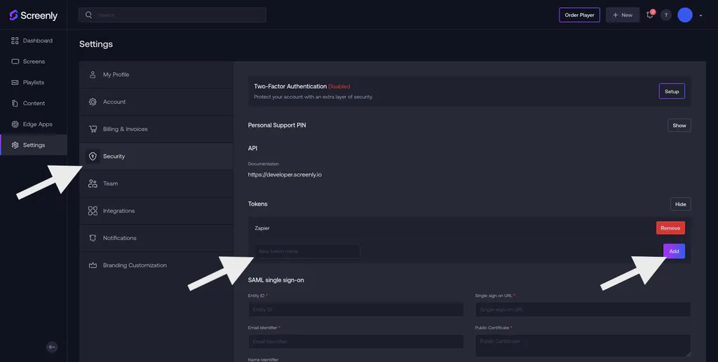 The Screenly token key process.