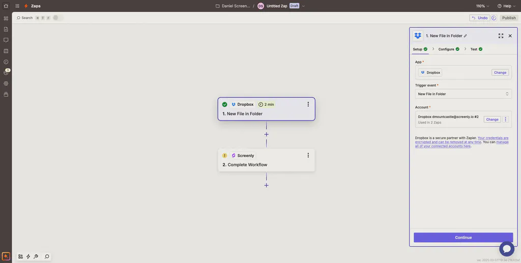 The Dropbox set up stage in Zaiper