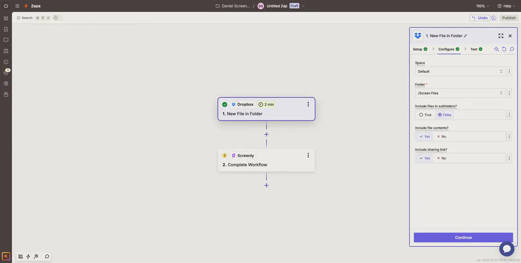 The Dropbox configuration stage in Zapier.